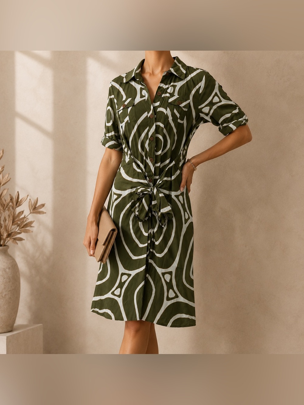 Diane Von Furstenberg Tie Waist Shirt Dress Midi Women’s 10 Safari Cotton Resort